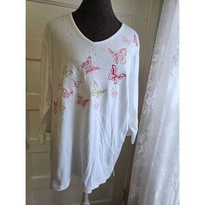 Quacker Factory XL White V-Neck Top With Rhinestone & Butterfly Design